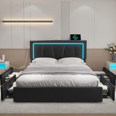 Bed Frame With 4 Storage Drawers And Led Lights Upholstered Platform Storage Bed Frame With Charging Station And Headboard Led Bed Frame,Easy Assemble
