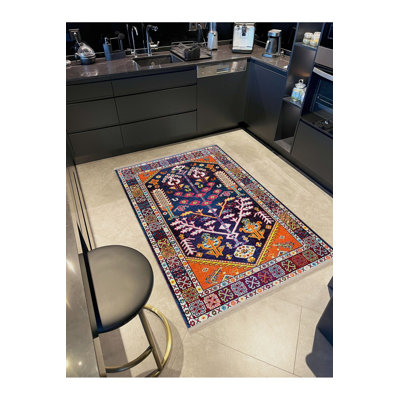Machine Washable  Multicolor Ethnic Floral Patterns Patterned Vintage Decorative Rug