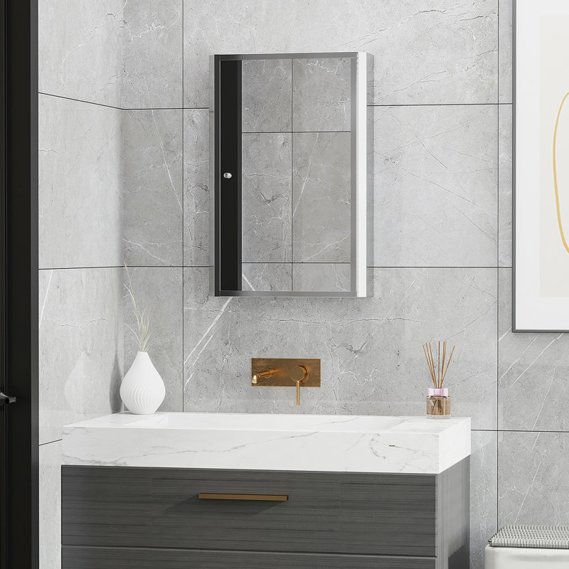 Armoire de salle de bain à miroir avec cadre vertical en acier inoxydable 16 po x 24 po, organisateur de rangement mural avec porte simple