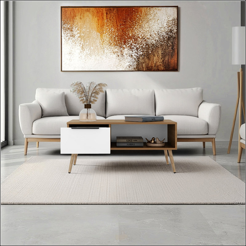 Table basse blanche avec tiroir de rangement et tablette ouverte pour une organisation améliorée et une esthétique moderne