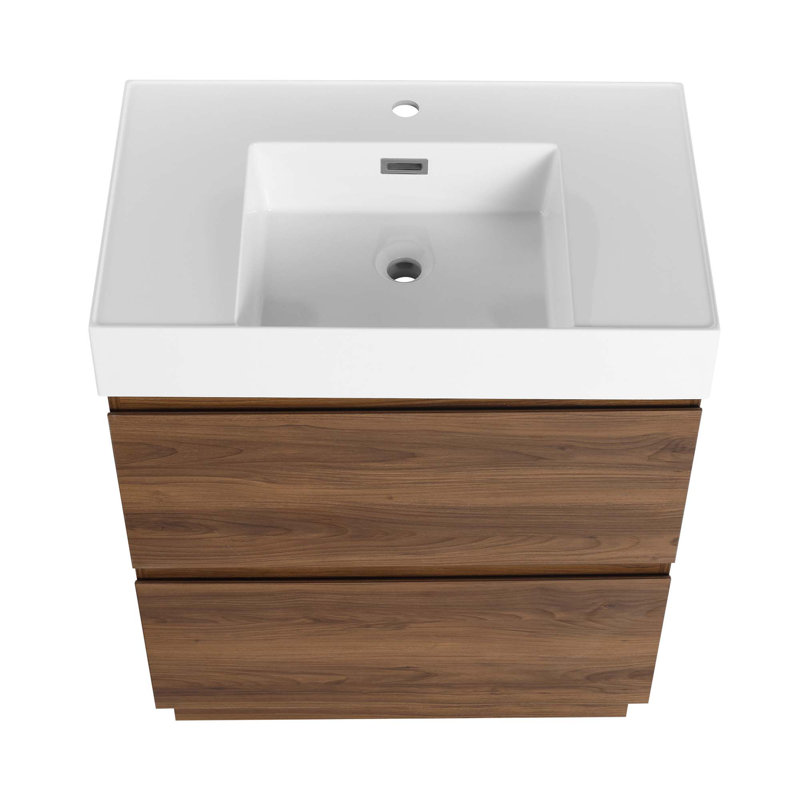 Meuble-lavabo moderne avec lavabo simple encastré et 2 tiroirs, Noyer