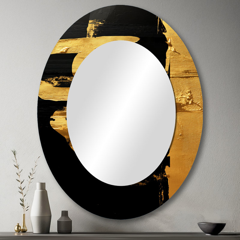 Gold Black Japanese Sign Calligraphy II - Gold Traditional Oval Wall Mirror, 43" x 33"