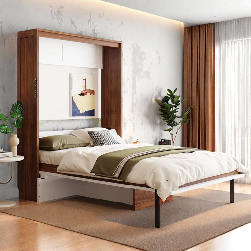 Full Size Murphy Bed with Foldable Desk, Space Saving Wall Bed, Brown/White