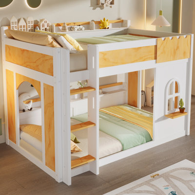 Lit superposé en bois Jonathan avec tablettes de rangement, fenêtre et 2 portes