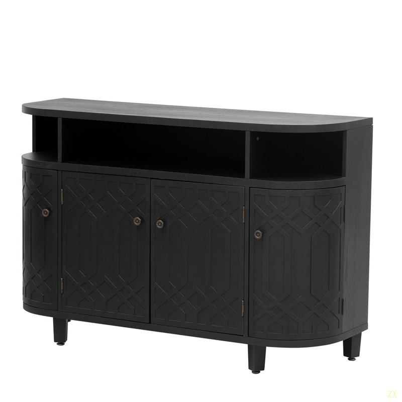 Armoire de rangement courbée en placage Fraxinus Mandschuric, avec quatre portes et des tablettes réglables, convenant aux couloirs, aux entrées et aux bureaux.