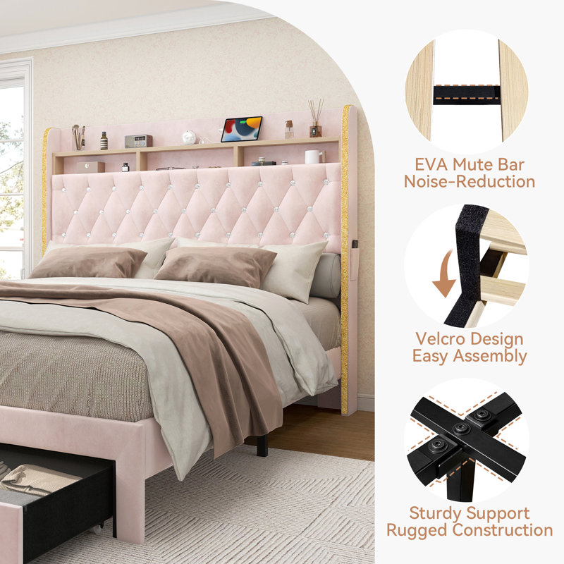 Galaxy Aurora Bed Frame with 2 Storage Drawers and Diamond Tufted Upholstered Storage Headboard, Full, Pink