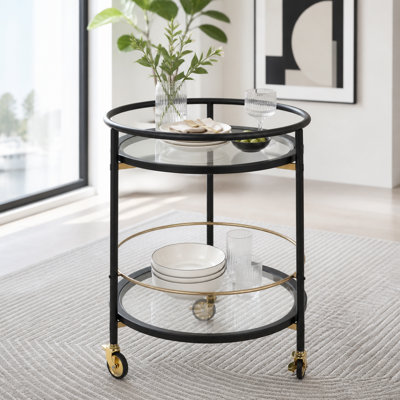 Round Bar Cart with Tempered Glass Shelves and Gold Accents