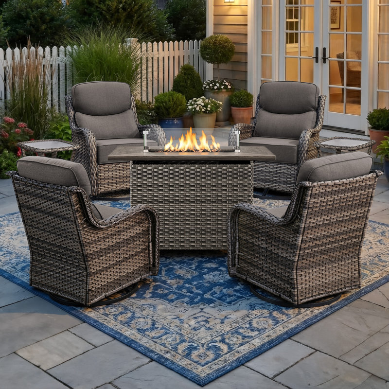 4 - Person Patio Furniture Chair Set With Fire Pit Table, 4 Swivel Glider Chairs With 6-Inch Cushions & Side Table, Gray