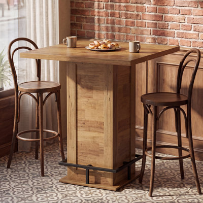 39.4" H Bar Height Table, Square High Bistro Pub Cocktail Table with Metal Footrest, Rustic Brown