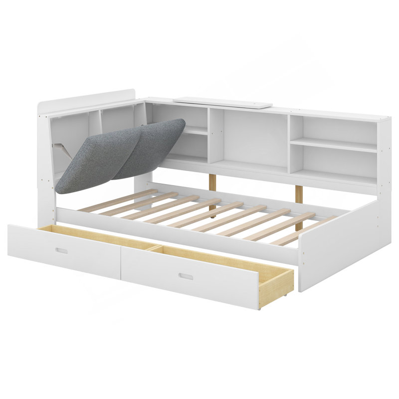 Lit plateforme simple en bois avec tête de lit avec rangement, tablettes et 2 tiroirs, blanc, Blanc