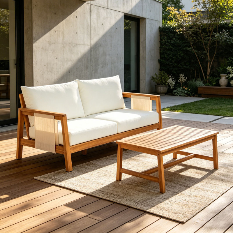 Ensemble de canapé 2 pièces avec causeuse d'extérieur et table basse, Teck