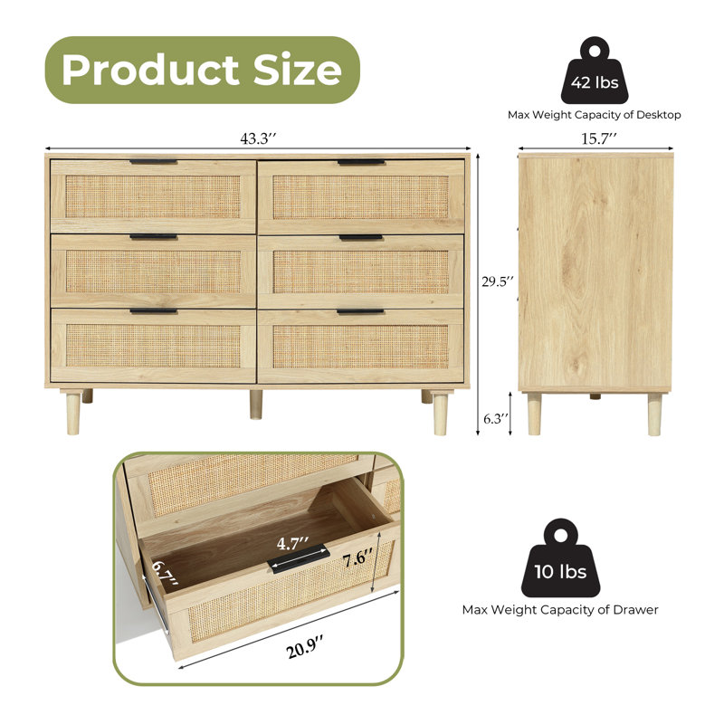 Scot 43.3'' W Natural Rattan 6-Drawer Dresser