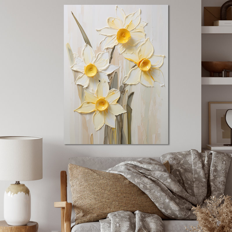 Minimalisme crème, jonquilles sur toile, Toile tendue, H 40 po x l 30 po x P 1,5 po