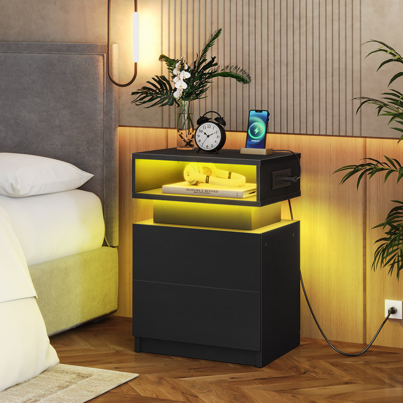 Modern Nightstand With Led Light And Storage