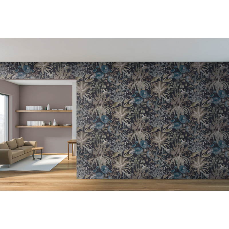 Tropical Collection Mo'orea Inspired Flowers and Birds 27.8' L x 27.5" W Wallpaper Roll, Blackberry