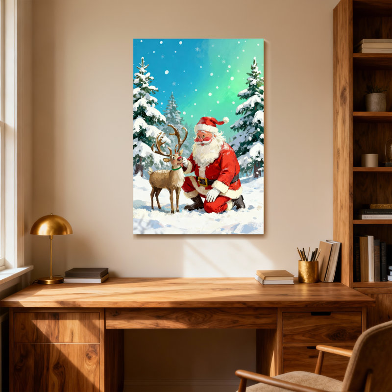 Noël père Noël avec renne dans la forêt enneigée, H 40 po x l 28 po