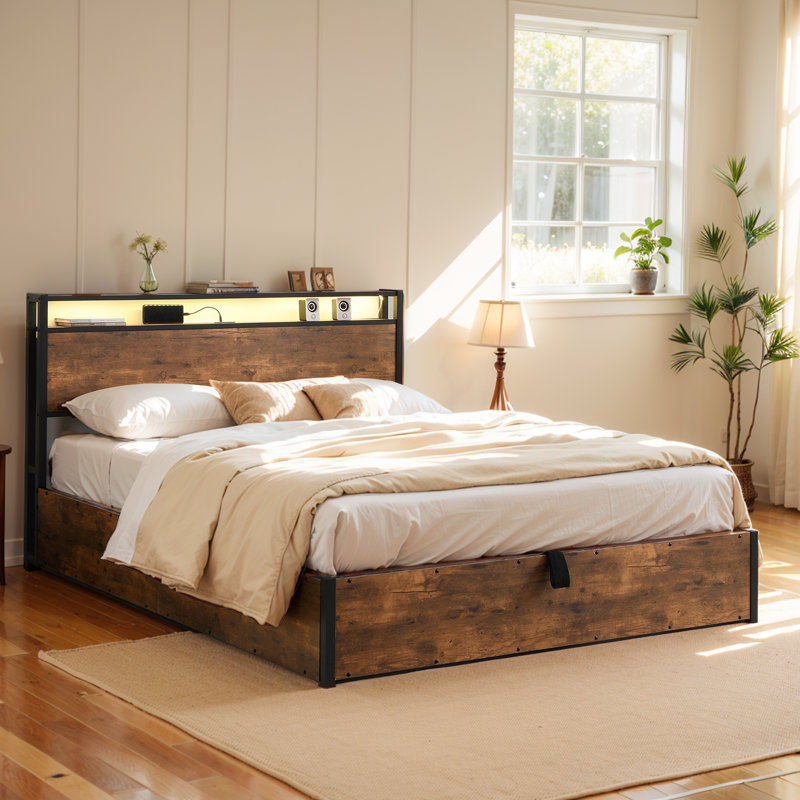 Full Size Lift-Up Storage Bed Frame - Featuring Bookcase Headboard, Led Lights, Charging Station, No Box Spring Needed, Queen