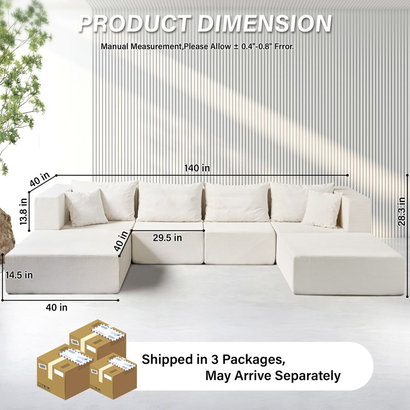 Canapé-lit modulaire de 140 po, Velours côtelé beige et blanc