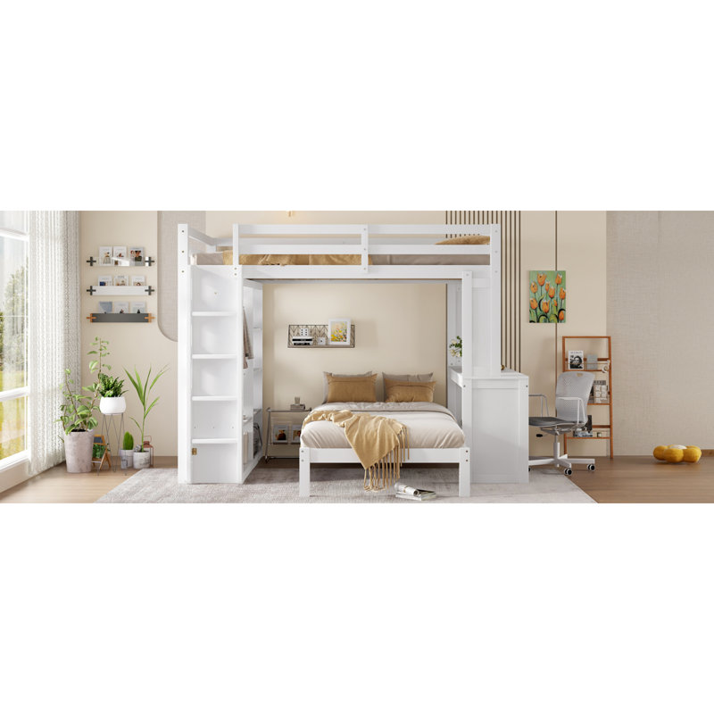 Lit de rangement polyvalent en bois massif blanc avec plusieurs espaces de vie