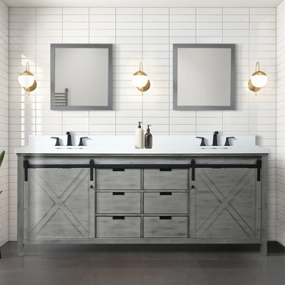 Ash Grey Double Bath Vanity 84 in. W x 22 in. D, with White Quartz Countertop