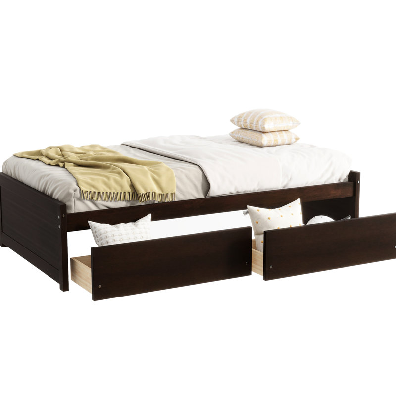 , Lit simple, Tiroirs, Bois d'hévéa, Essence de design minimaliste, Tiroir peu encombrant, Plateforme de lit de soutien solide de style moderne 2, Tiroirs avec roulettes, Aménagement de chambre à coucher