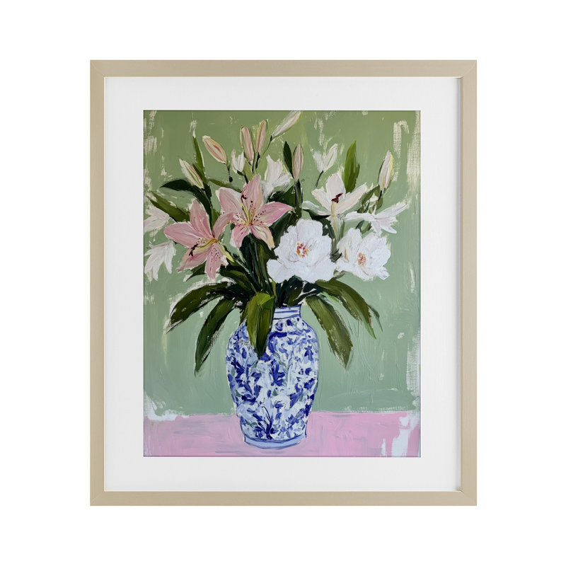 «Lily Cluster in Chinoiserie Vase», reproduction encadrée sous verre, H 16 po x l 13 po, Cadre de récolte en pin