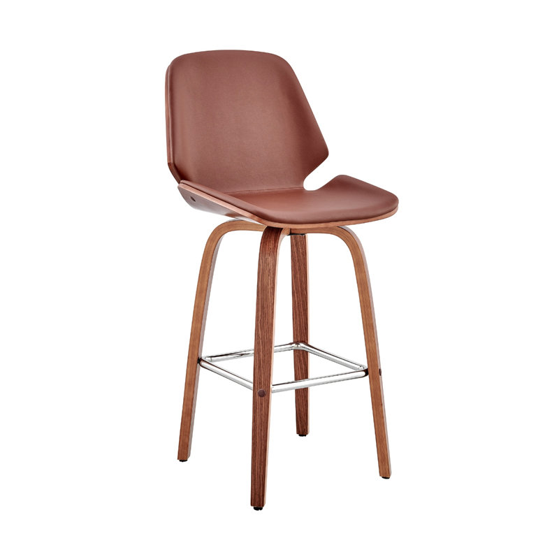 Altherr Mid-Century Modern Swivel 26 in. Armless Wood Counter Height Bar Stool with Faux Leather Seat, Brown, Walnut