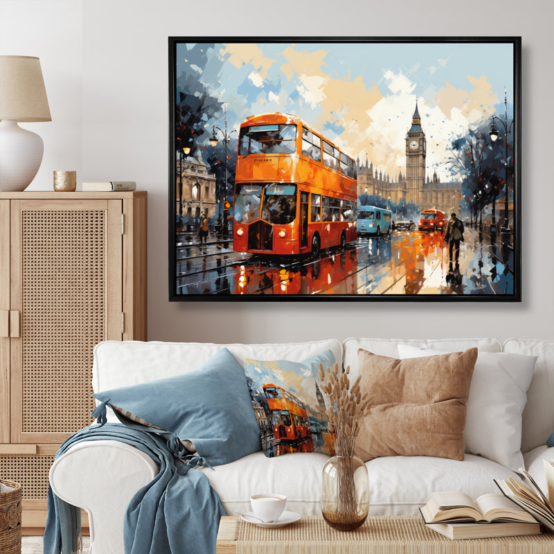«Red Beige City London Popart I» sur toile, Cadre photo noir, H 24 po x l 32 po x P 1 po