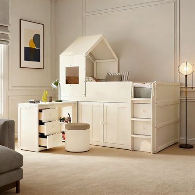 Lit mezzanine simple de style maison simple avec bureau roulant, armoire de rangement et tiroirs