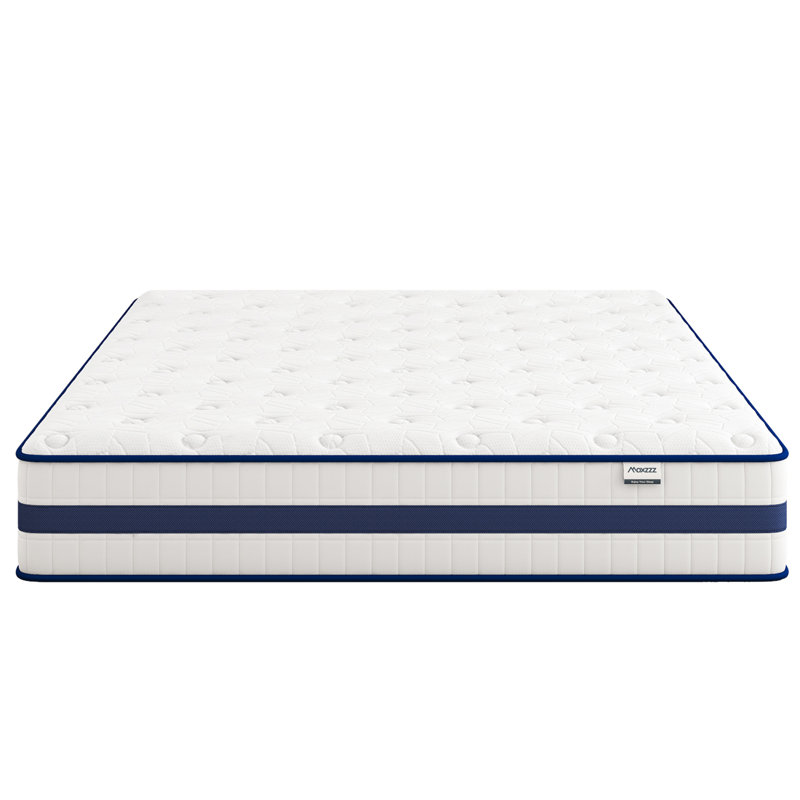  Grand matelas hybride 12 po, mousse viscoélastique haute densité et lit à ressorts ensachés à 7 zones pour le dos, blanc et bleu