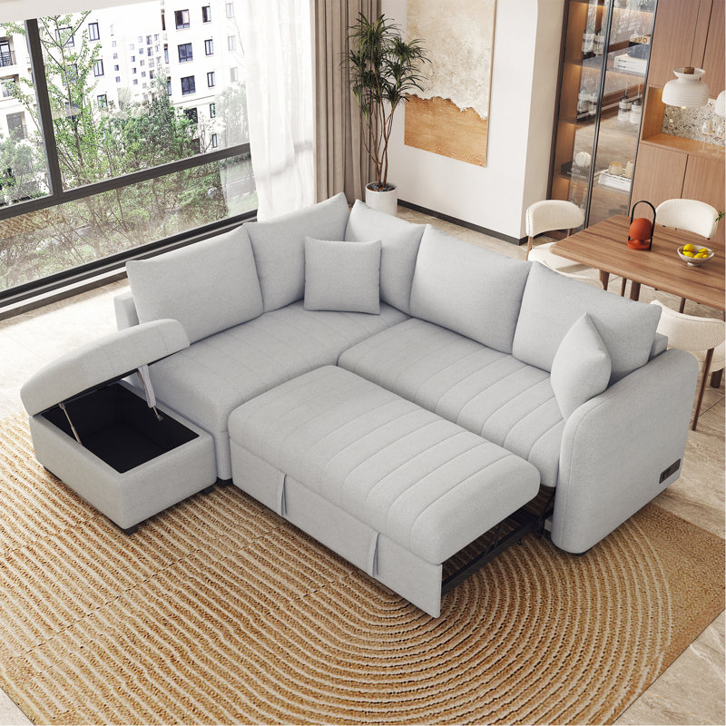 Canapé-lit modulaire en forme de L de 82,6 po avec deux ports USB, deux prises de courant et un repose-pieds de rangement mobile, gris