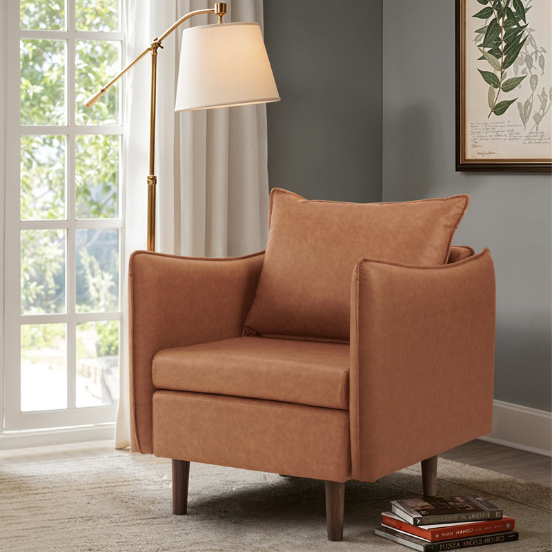 Modern Faux Leather Armchair With Unique Armrests, Brown Faux Leather