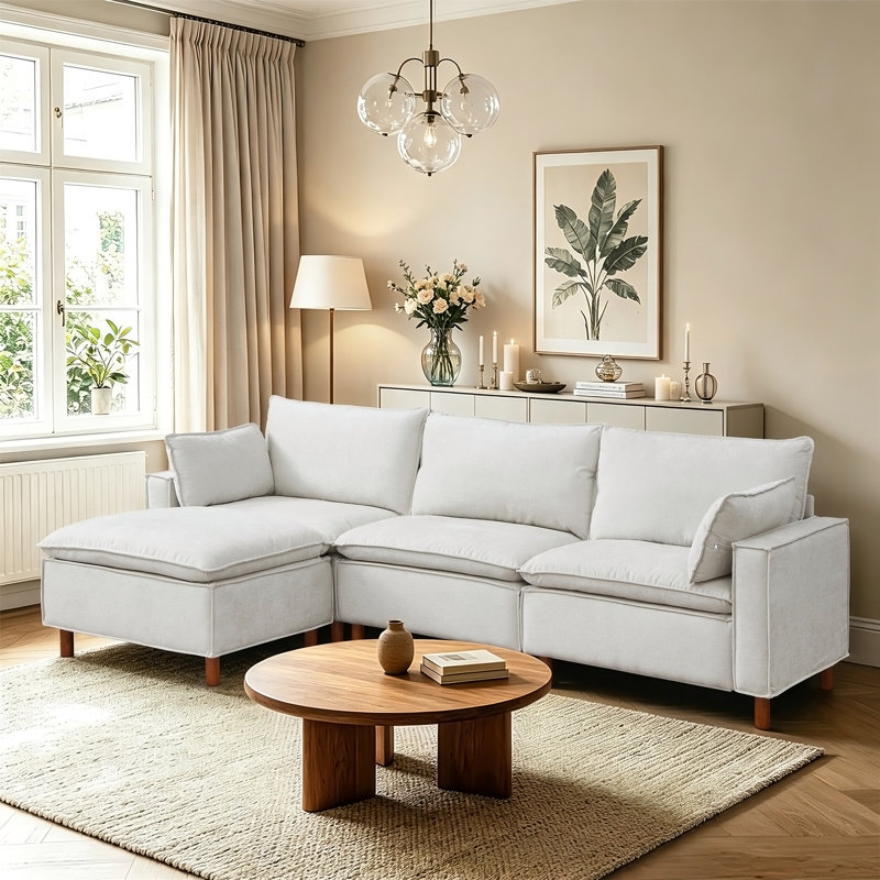 Canapé modulaire en L 108,5 po avec repose-pieds mobile, Chenille beige