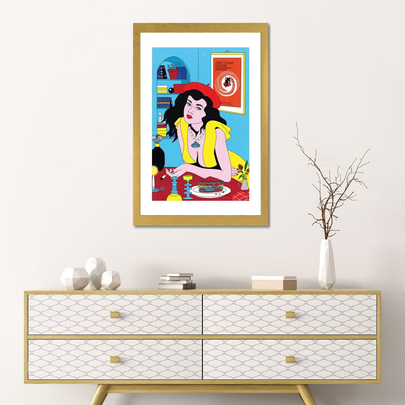 «Lunch» par Cosmo - impression d'art graphique, H 24 po x l 16 po x P 1 po, Blanc, Papier encadré doré