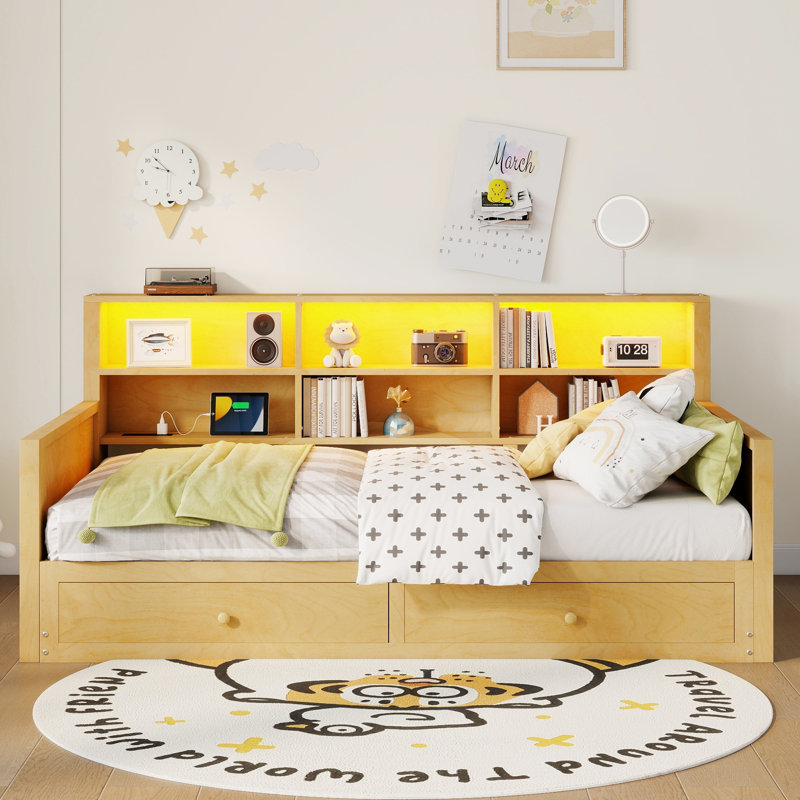 Extendable Twin Daybed to Double with Storage Headboard, LED Light & Charging Station, Natural, Natural