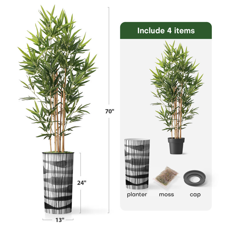 Artificial Tree in Contemporary Blue Stripe Patterned Planter Fake Bamboo Silk Tree, Line Shape Grey