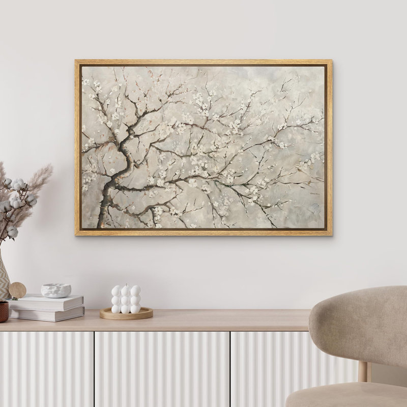 Art mural sur toile de fleur de cerisier gris, H 24 po x l 36 po, Impression encadrée flottante sans passe-partout, Naturel