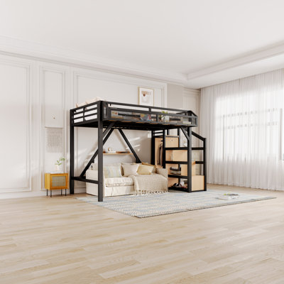 Lit mezzanine simple TG avec escalier de rangement, tablettes et garde-robe intégrée, cadre de lit mezzanine en métal avec ports USB et lumières DEL, conception à bruit réduit, bois naturel