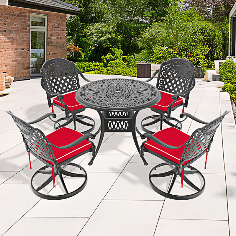 5-Piece All-Weather Cast Aluminum Dining Set, Red, 4