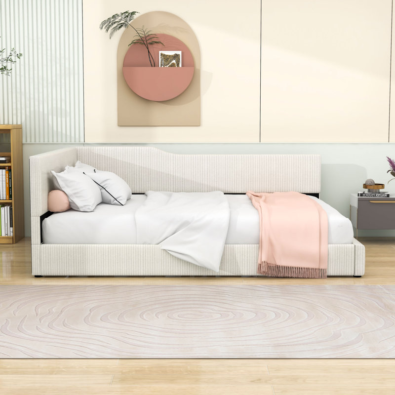 Lit de jour rembourré en bois et velours côtelé, Lit double, Beige