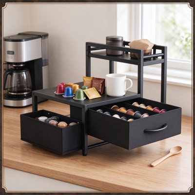 Coffee Bar Organizer Compatible with K Cup, Multifunctional Coffee Pod Holder and Coffee Station with Drawers, Hooks and Side Shelves, Durable Iron and Wood Construction, Stylish Countertop Storage