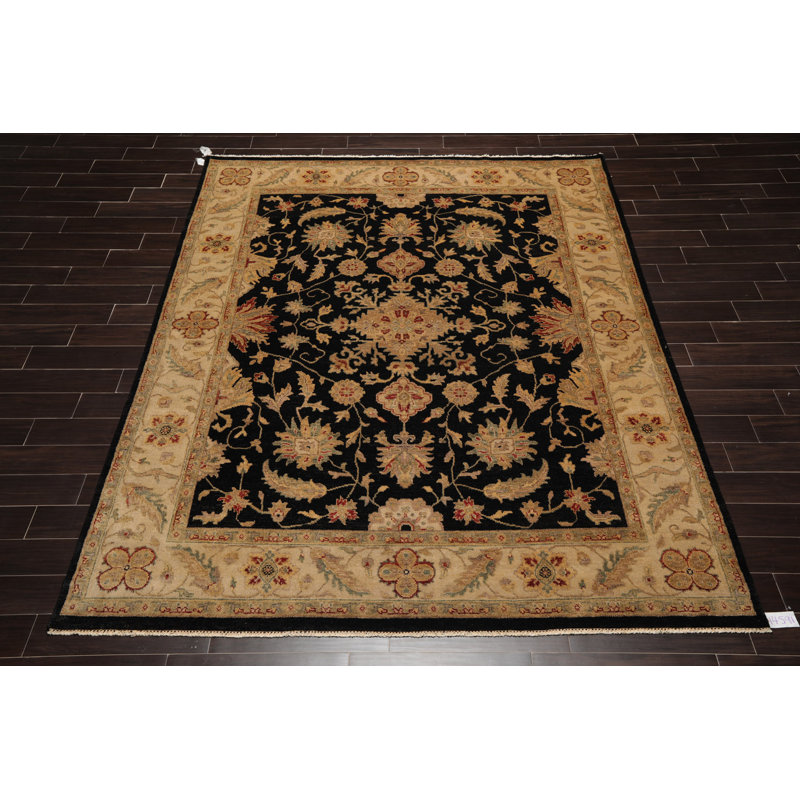 Tapis noir / brun / beige en laine noué à la main de conception unique 7 pi 11 po x 10 pi