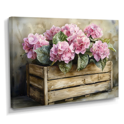 Drangty ferme hortensias dans une caisse en bois II - hydrangées, art mural sur toile