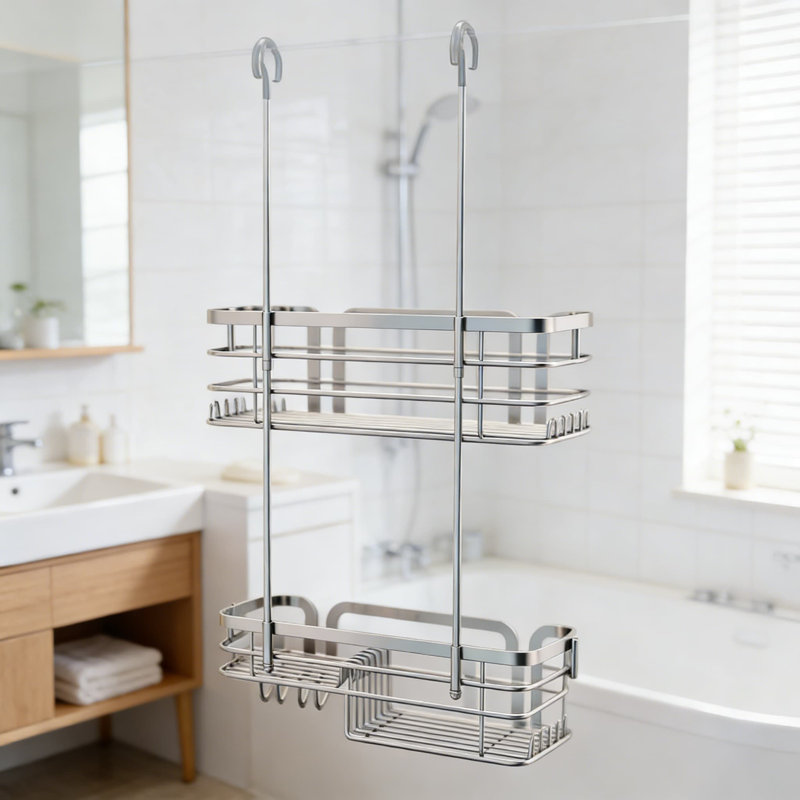 Shower Caddy Hanging Organizer - Over The Door Rustproof Stainless Steel Bathroom Storage With 2 Shelves, 11 Hooks, And No-Drill Installation For Shower Door, Rod, Or Faucet