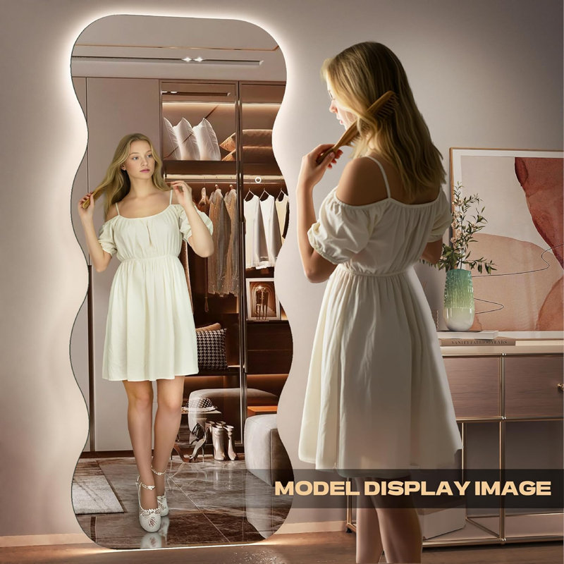 Wavy Full Length Mirror With Lights - LED Wavy Floor Mirror, Frameless, Dimmable, Standing Or Vertical/Horizontal Wall-Mounted Mirror For Bedroom, Living Room, Cloakroom