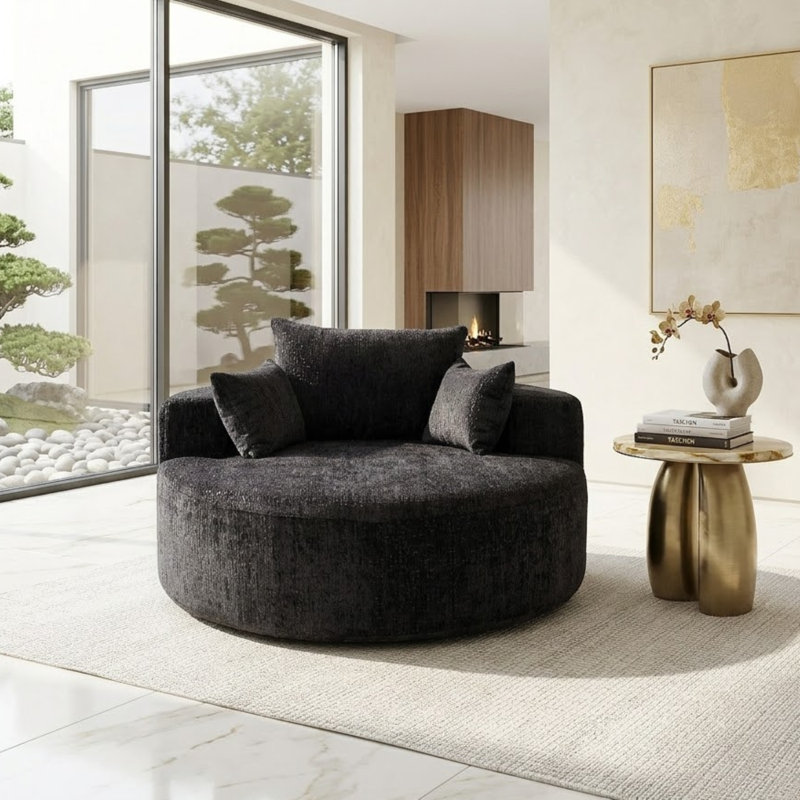 Fauteuil de plancher rond surdimensionné de 55 po avec coussins et traversins, Polyester, Noir