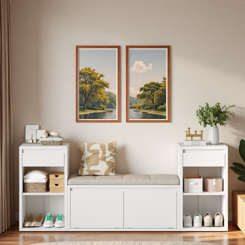 Banc de rangement avec coussin, compartiments, tiroirs et tablettes ouvertes, Blanc