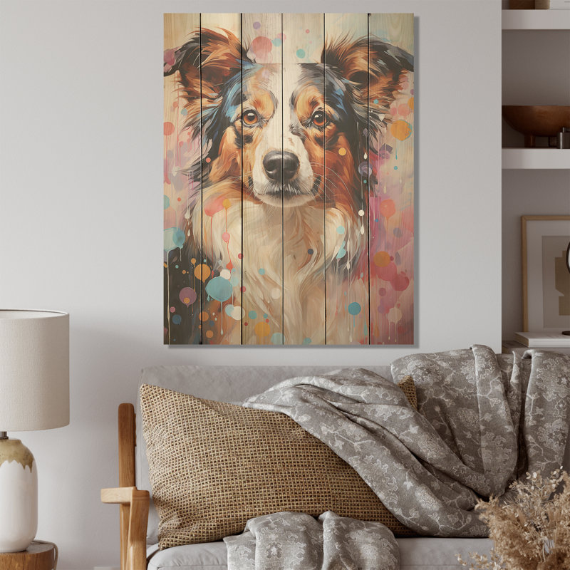 Portrait de collie ludique - Art mural en bois de chien sur bois de pin naturel, H 32 po x l 24 po