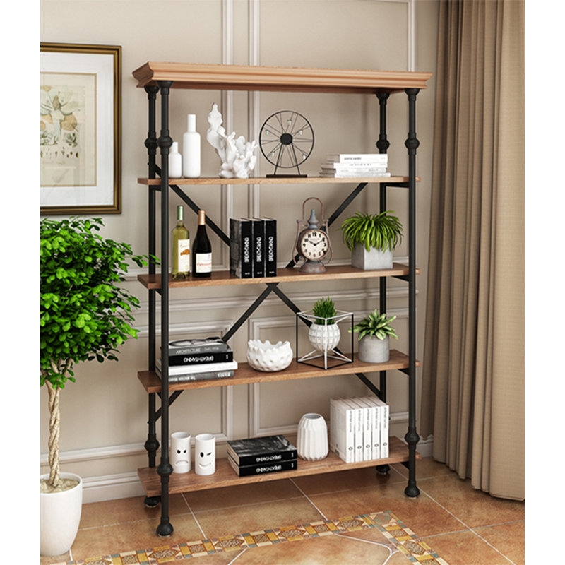 Bibliothèque ouverte 5 niveaux style industriel en métal et pin,  (4 Shelves) 70.9"H x 39.4"W x 13.8"D