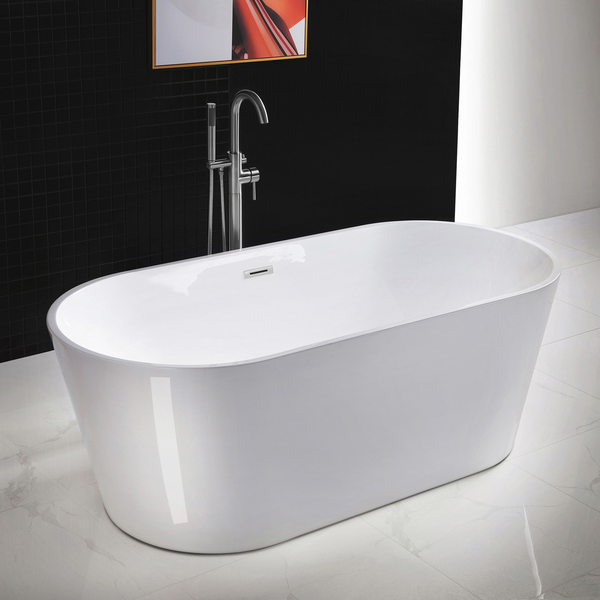 67" x 32" Freestanding Soaking Acrylic Bathtub, Chrome, White